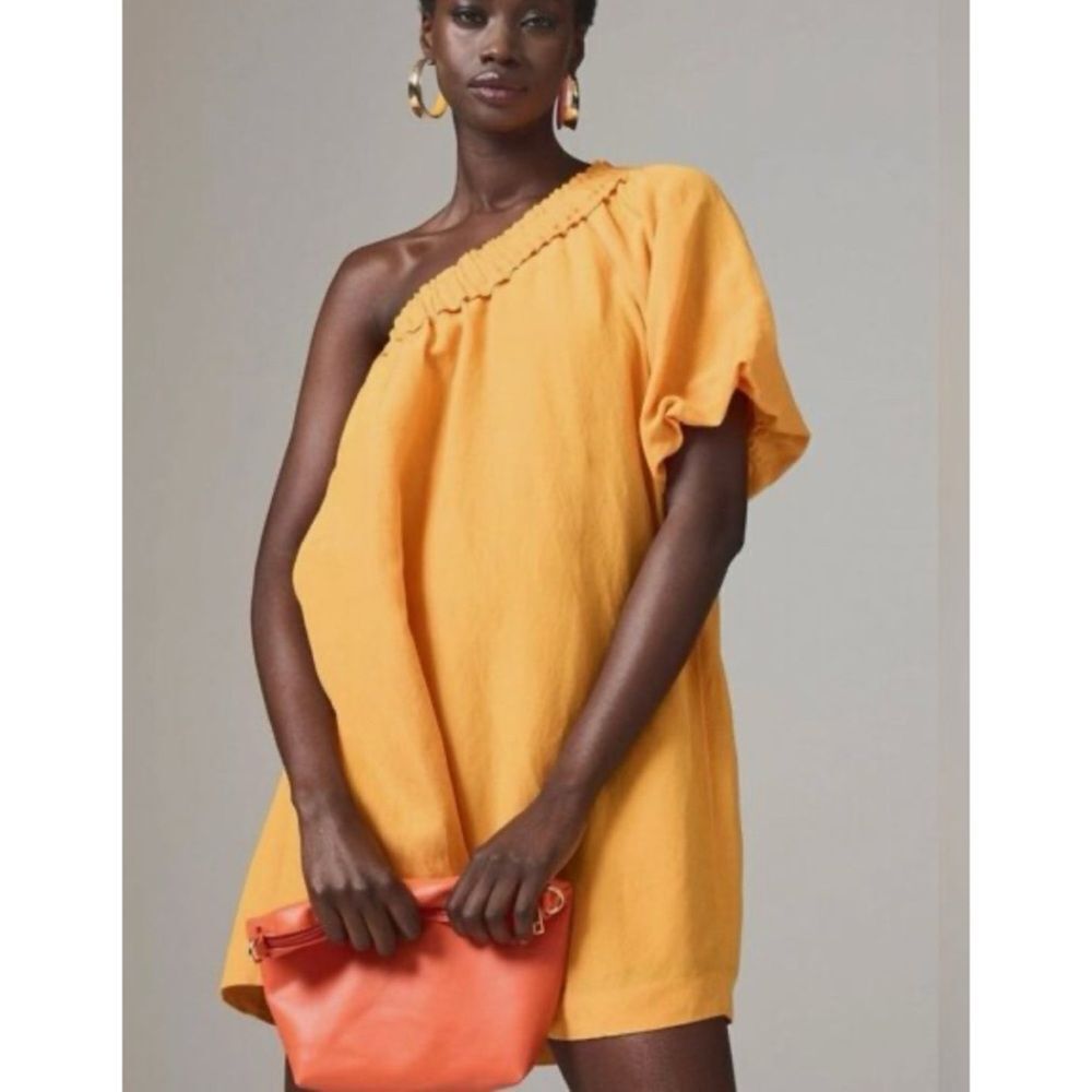 Anthropologie One-Shoulder Waistless Mini Dress Linen Blend in Mango Orange XS